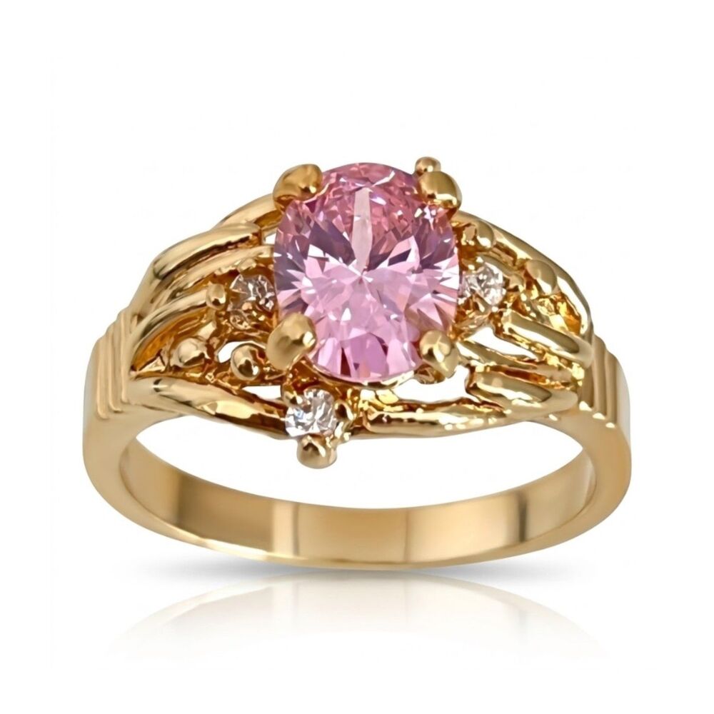 Vintage 1980s Cocktail Ring Size 7 Pink Cubic Zirconia 14KTGE Gold - 14C